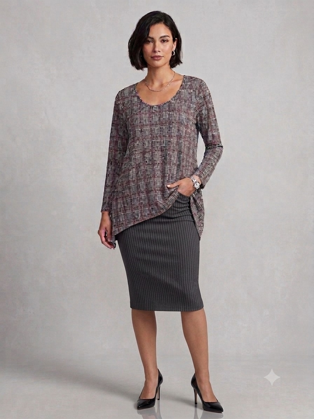 Plaid Scoop-Neck Long-Sleeve Blouse in Red and Black